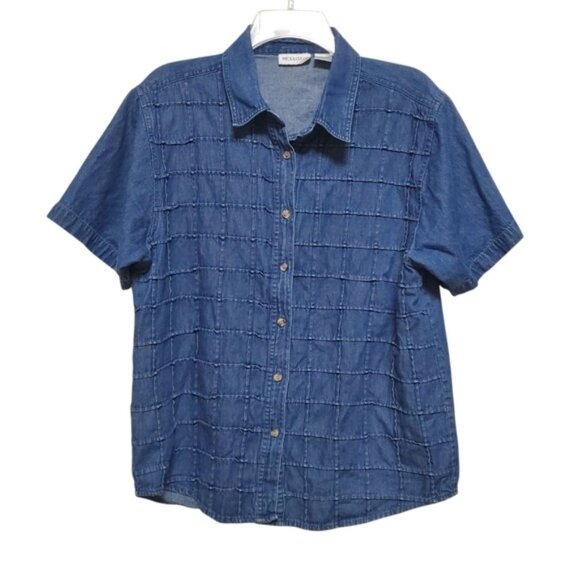 Vintage Textured Denim Button Up Granny Coastal Boho Cotton Large - Picture 2 of 10